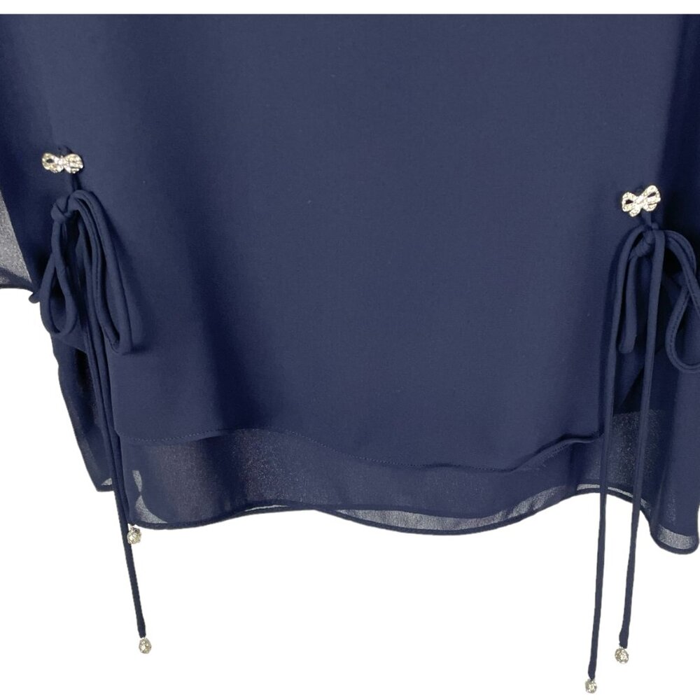 Victoria Morgan Vintage Navy Blue Cape style Top Silver bow accents Size Medium - Picture 7 of 12